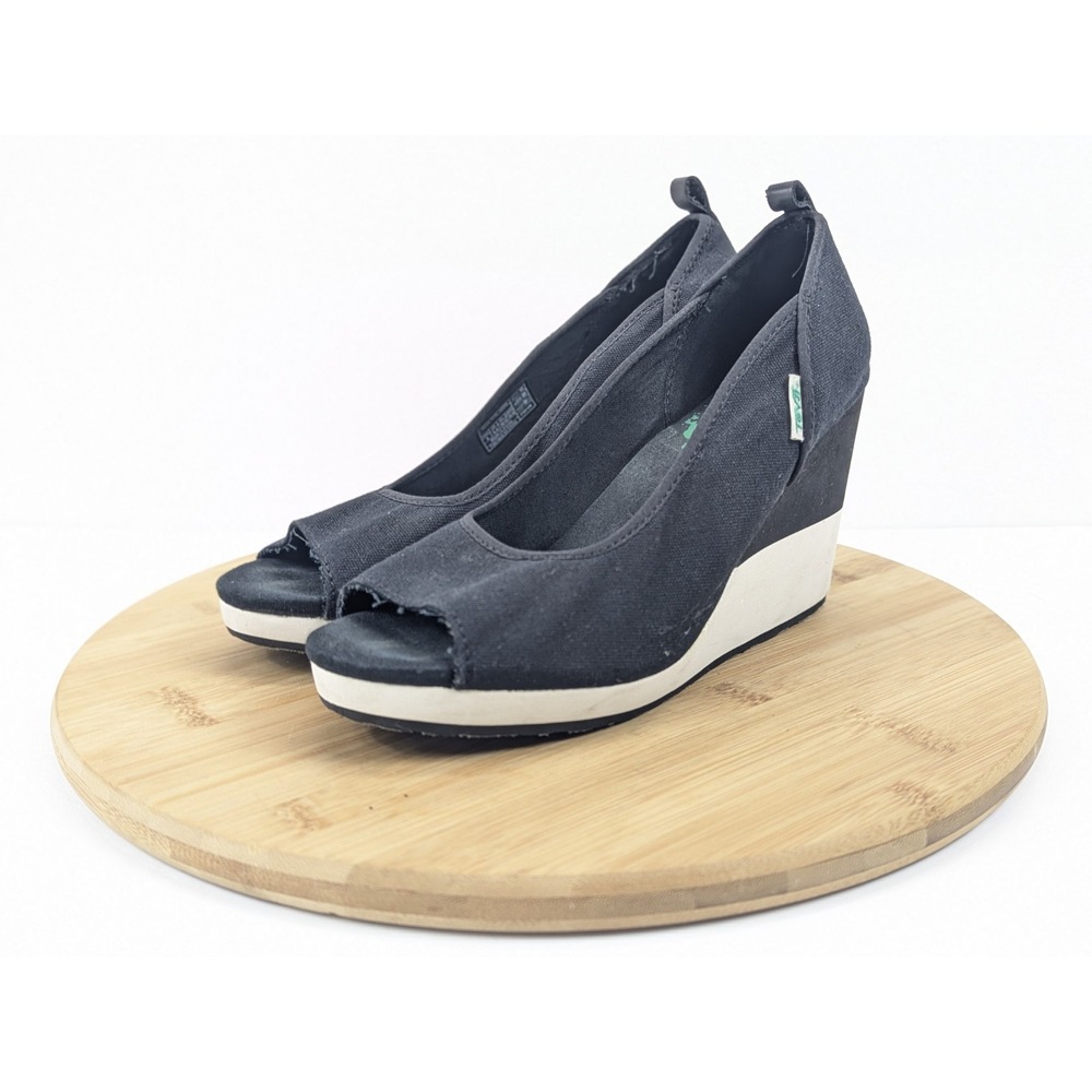 Teva Wedge Heel Womens 8 Peep Toe Slip On Black Mush Promenade Canvas - Picture 2 of 11